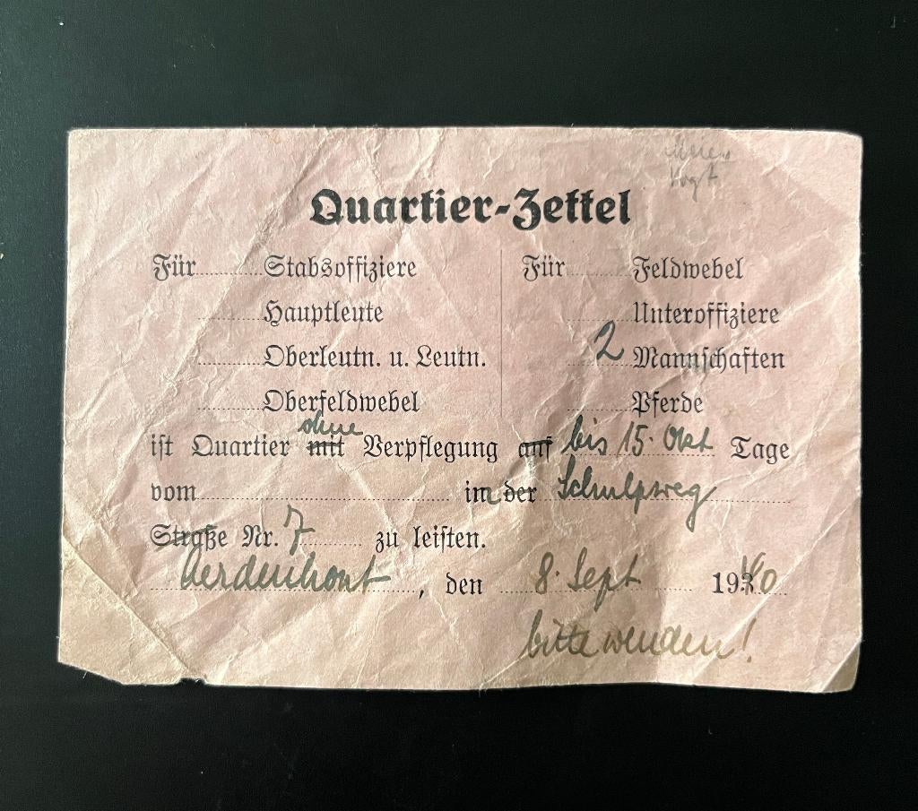 Quartier Zettel Kwartierbriefje 1940 met veldpostnummer, Verzenden, Landmacht, Nederland, Overige typen
