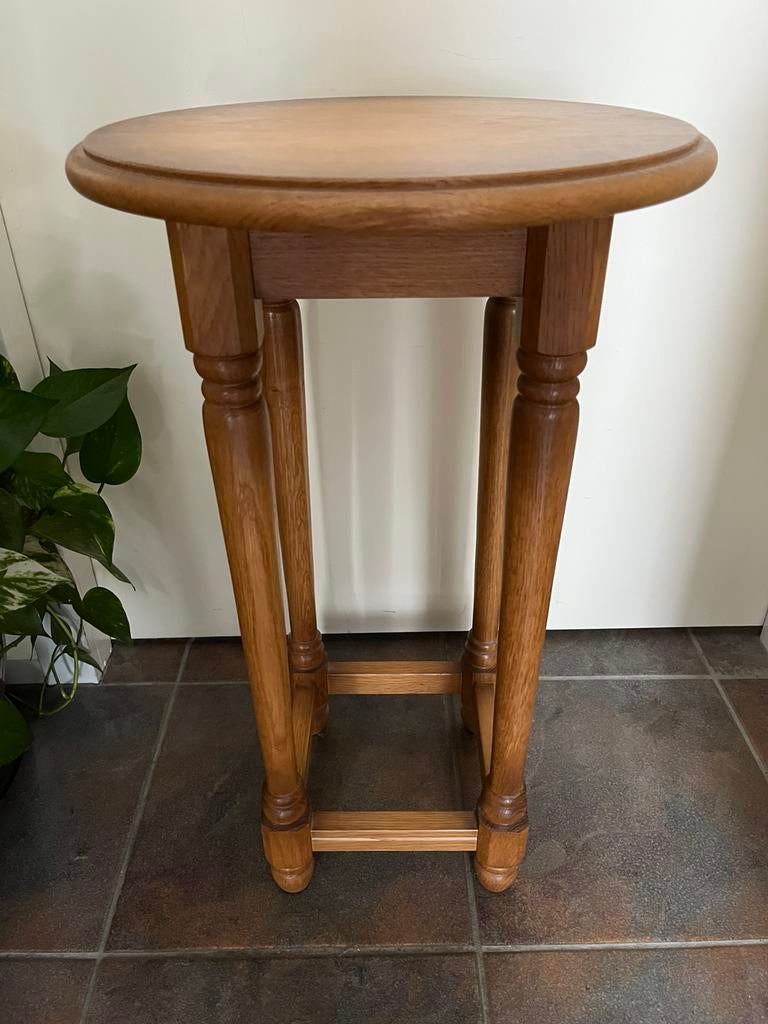 Massief licht eiken bijzettafel / zuiltafel, Ophalen, Minder dan 55 cm, Rond, 60 cm of meer