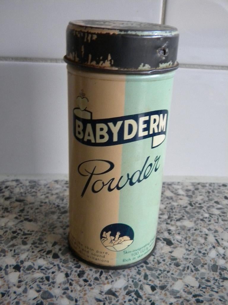 OUD BLIK BABYDERM POEDER MET RAMMELAAR IN DEKSEL, Verzamelen, Ophalen of Verzenden, Gebruikt, Overige