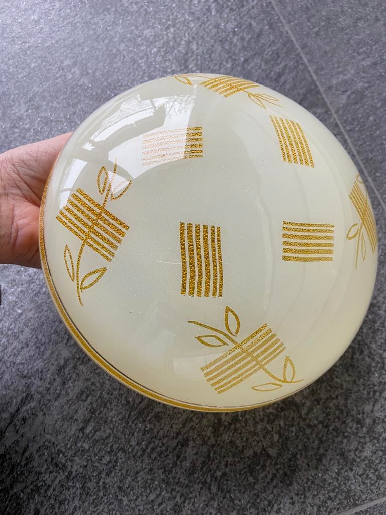 Vintage retro plafonniere lamp glas creme geel jaren 50 60, Antiek en Kunst, Ophalen of Verzenden