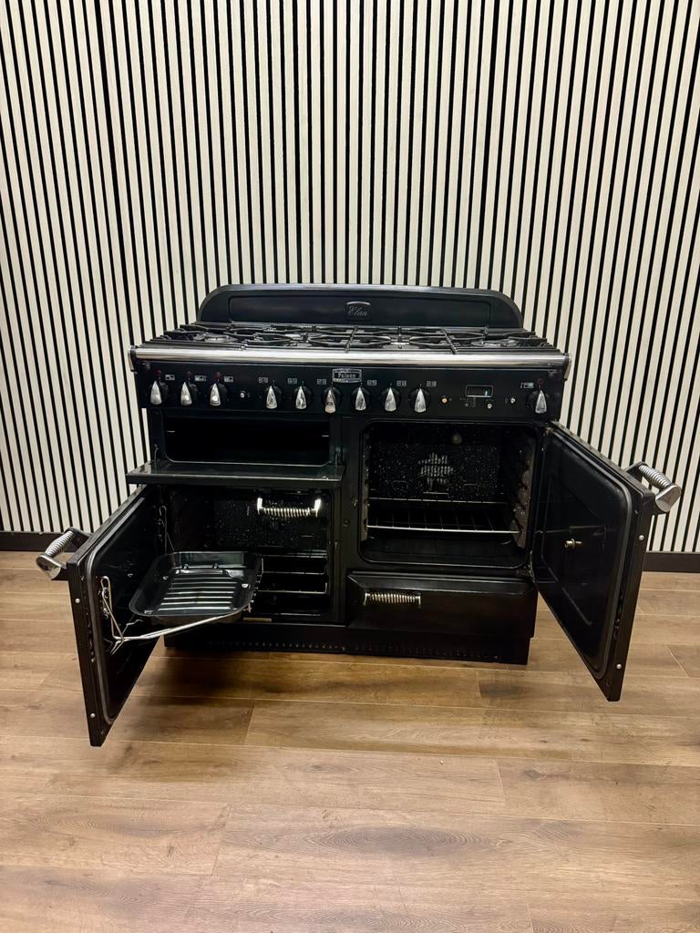 Luxe zwarte Falcon Elan Fornuis 6 pits + 3 ovens 110 cm, Fornello Esperta, Ophalen of Verzenden, Zo goed als nieuw, Gas