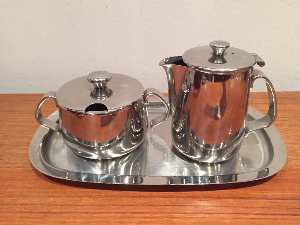 Alessi suiker en melk rvs met schaal Alfra Alessi, Huis en Inrichting, Italy, Overige materialen, Gebruikt, Alfra Alessi
