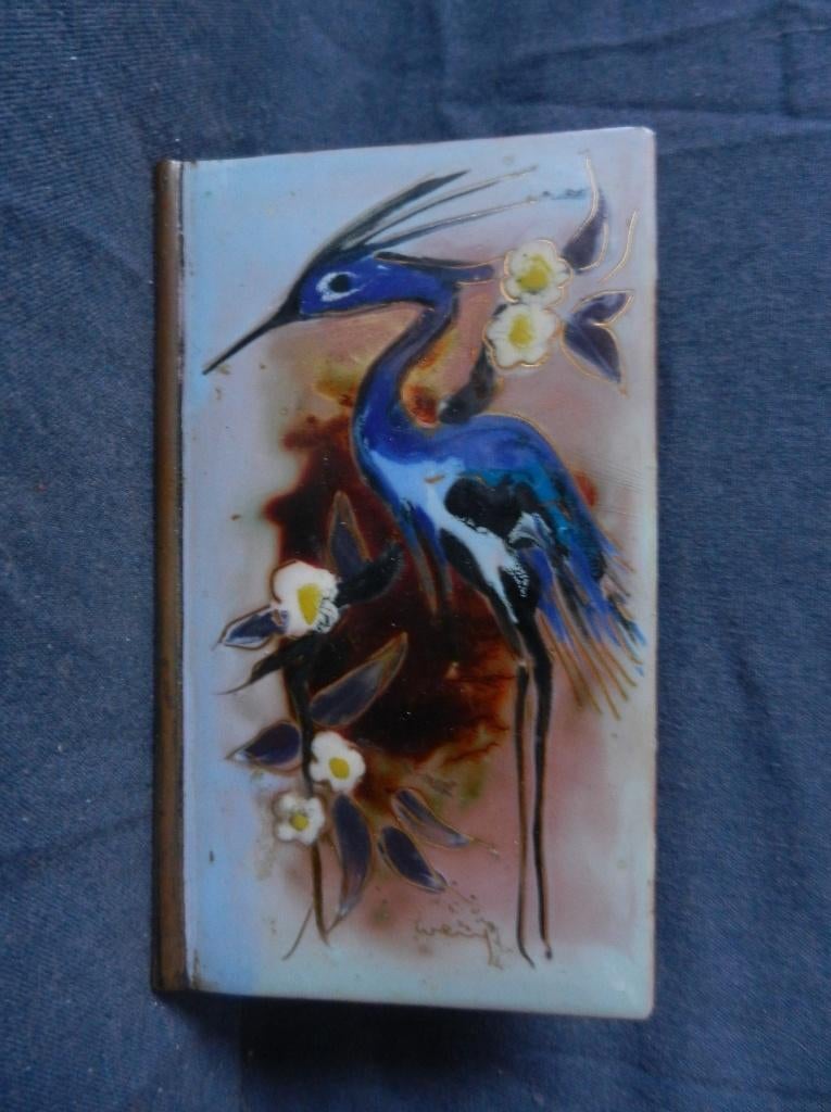 Emaille luciferdooshouder met vogel Holland ca 1960 h., Antiek en Kunst, Ophalen of Verzenden