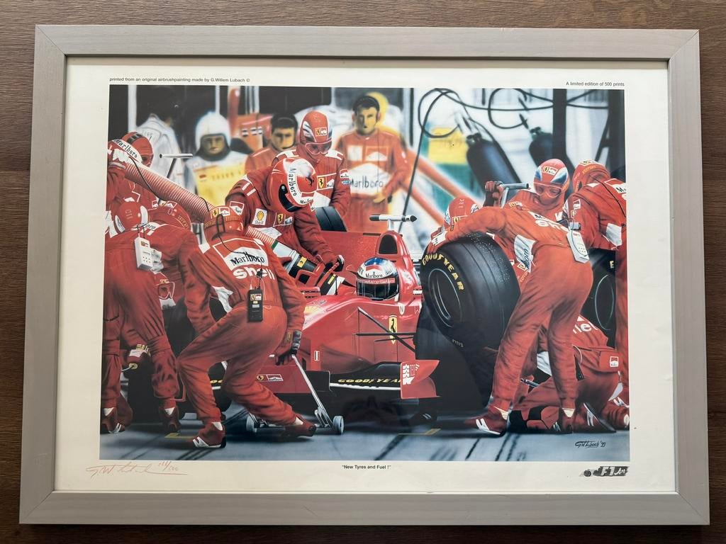 Ferrari F1 pitstop kunstprint Lubach gesigneerd 264/500, Ophalen of Verzenden
