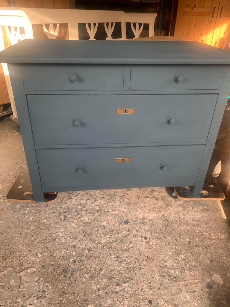 Brocante grenen ladekast in deens blauw, Ophalen