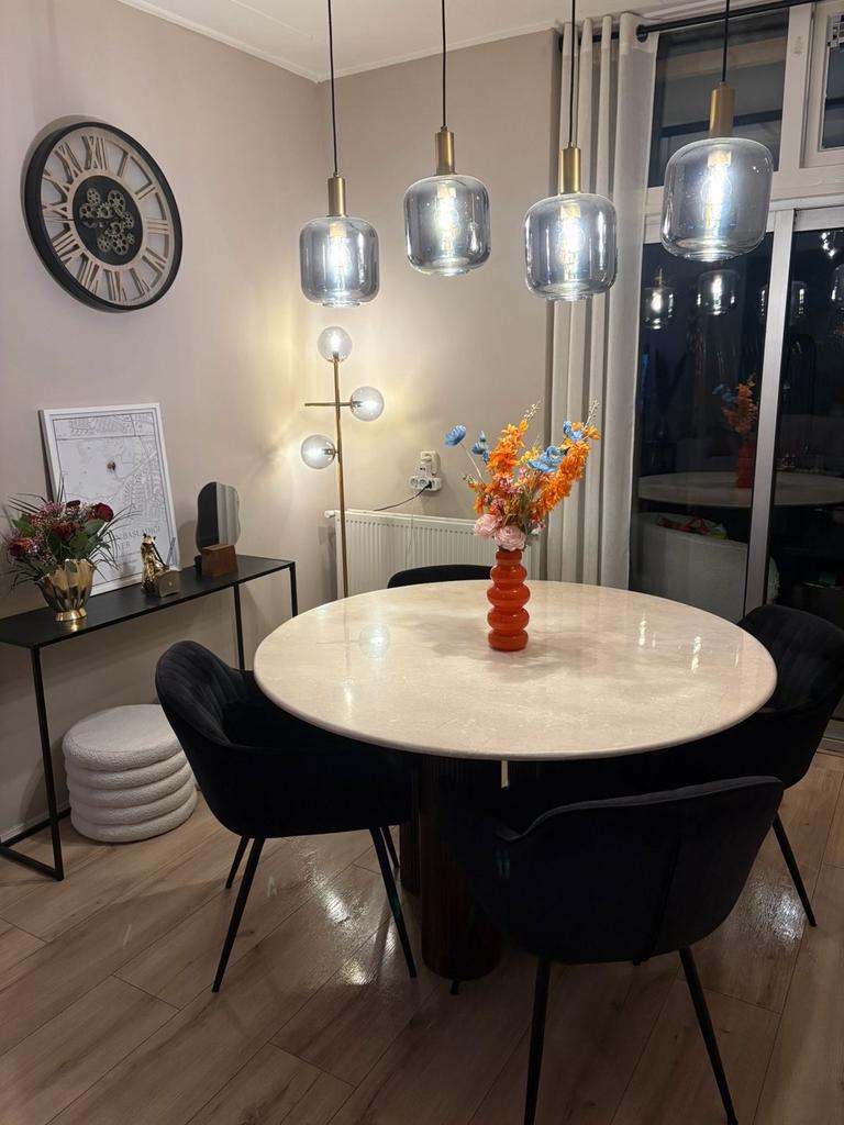 Eleonora Xavi eettafel – marmer & mangohout, Ophalen of Verzenden, Nieuw, Rond