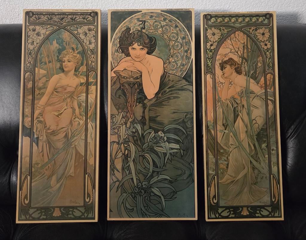3 Vintage Alphonse Mucha op plaat, Antiek en Kunst, Ophalen of Verzenden