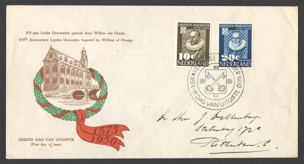 Nederland FDC E3 Met Adres, Leidse Universiteit 1950, Postzegels en Munten, Postzegels | Eerstedagenveloppen, Ophalen of Verzenden