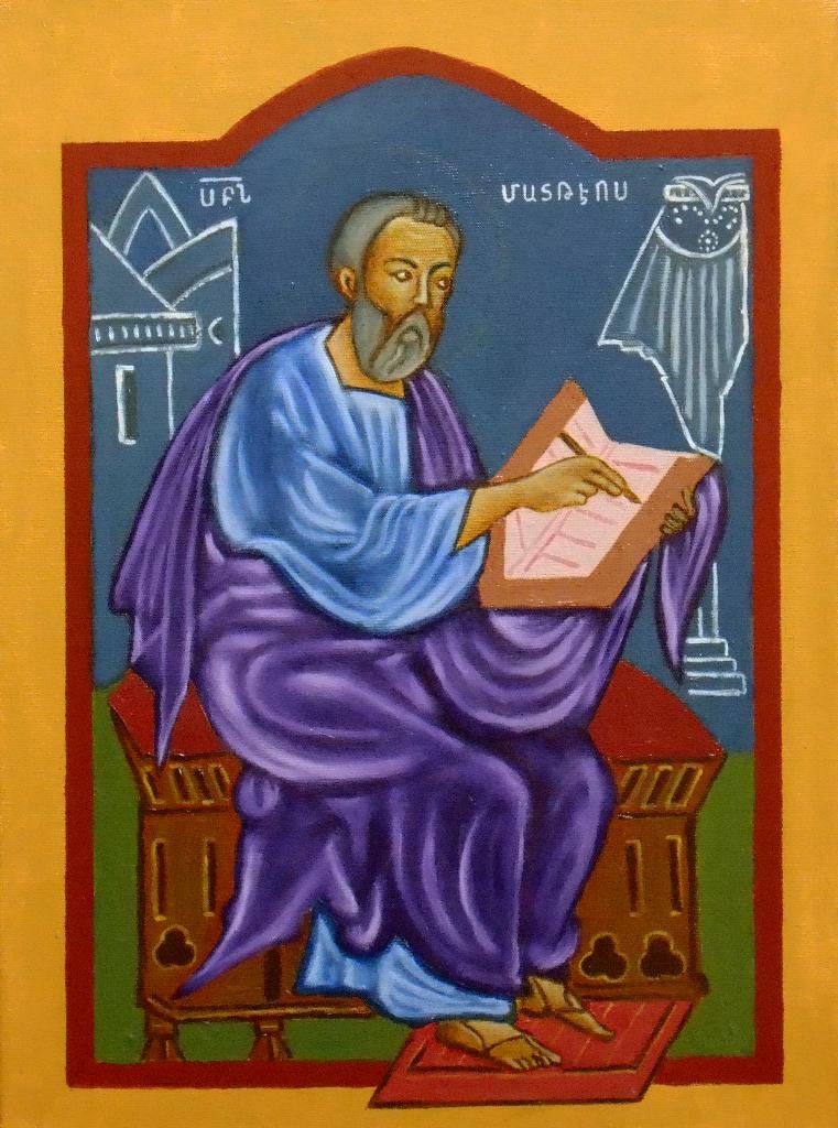 Schilderij – Icoon – Miniatuur van Sint Mattheüs, Verzenden