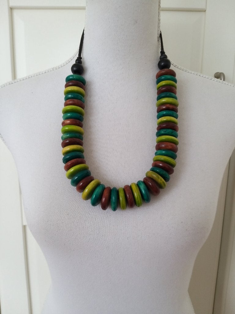 Vintage bruin groene houten kralen schijfjes ketting, Overige materialen, Ophalen of Verzenden, Groen, Gebruikt