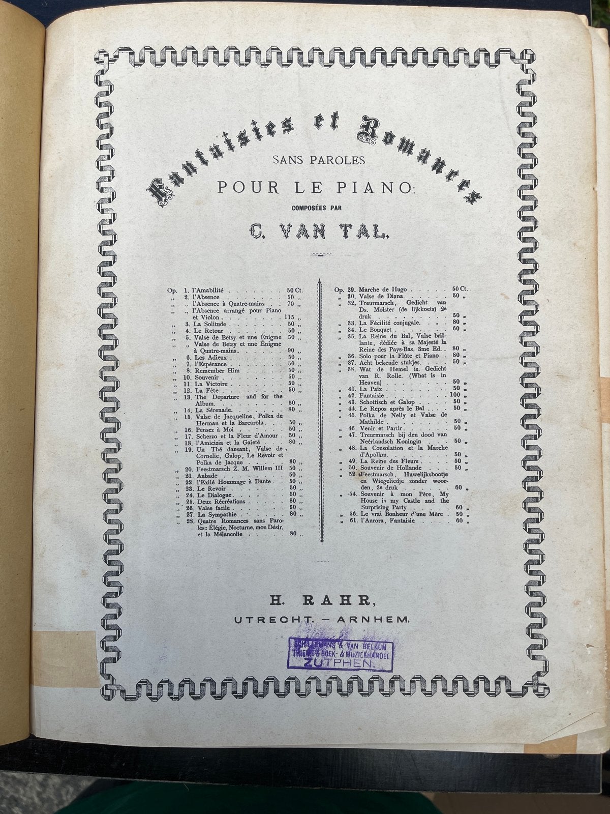 Antiek Pianoboek: Fantaisies et Romanzen van C. van Tal, Gebruikt, Klassiek, Overige soorten, Ophalen of Verzenden