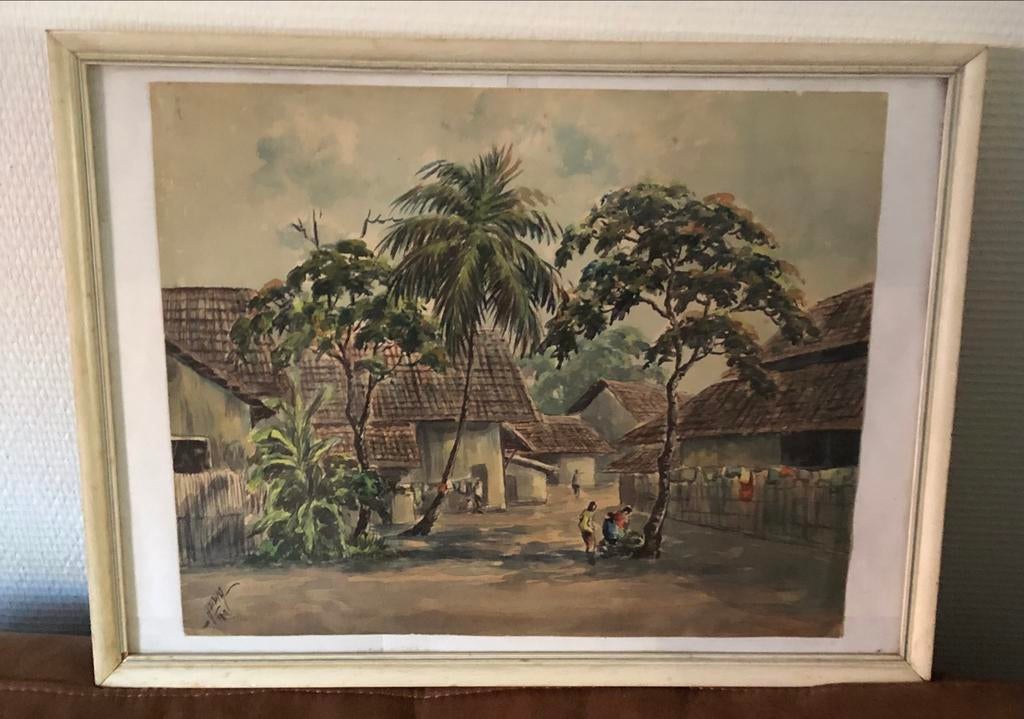 Schilderij: Tropisch Dorpsgezicht Indonesië met Palmbomen, Ophalen of Verzenden