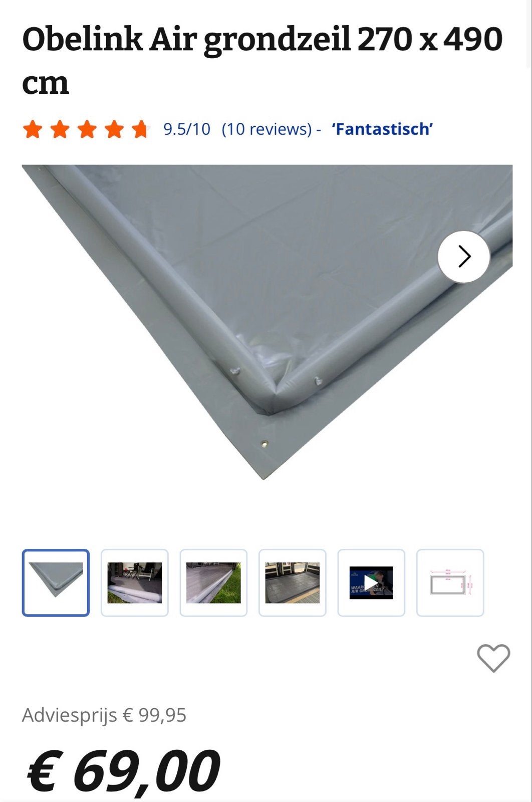 Obelink Air grondzeil 270 x 490 cm, Ophalen of Verzenden, Zo goed als nieuw
