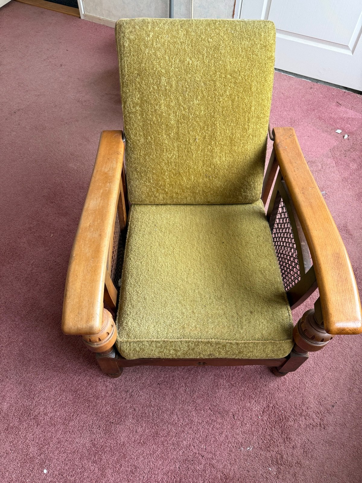 Vintage Rookersstoel met rotan details en groene bekleding, Ophalen of Verzenden