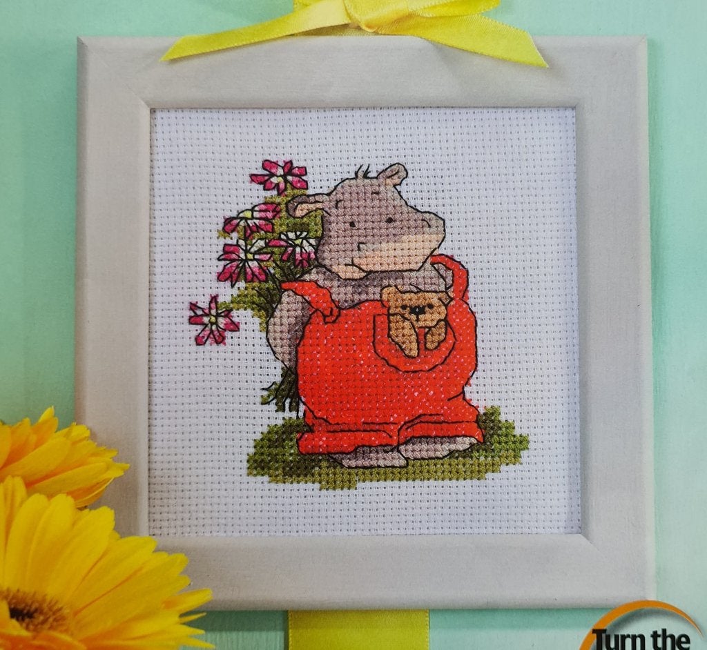 Harry het nijlpaard met bloemen & cake bakken borduurpatroon, Ophalen, Nieuw, Handborduren, Patroon