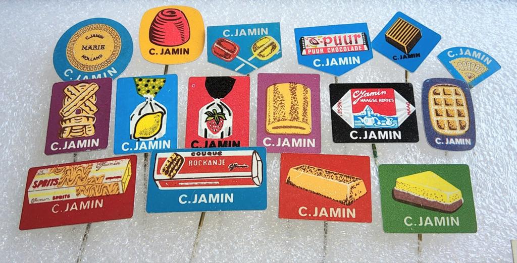 16 Vintage C. Jamin Speldjes - Koekjes en Snoep Reclame, Ophalen of Verzenden, Gebruikt, Merk, Speldje of Pin