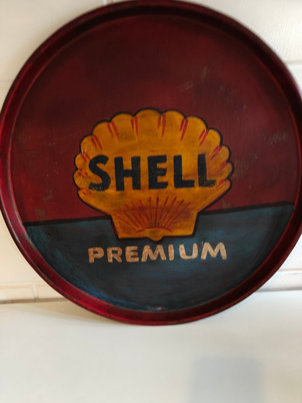 Oud Metalen Reclame bord Dienblad 55x3 cm Geen emaille, Reclamebord, Gebruikt, Ophalen of Verzenden, Shell