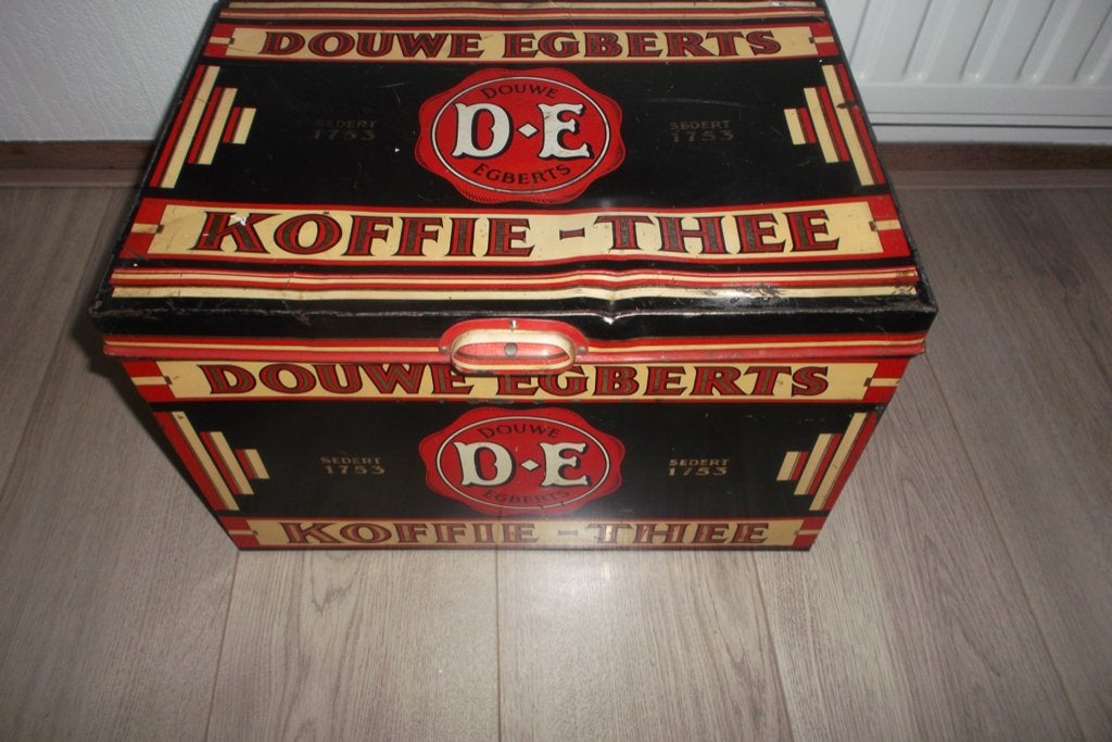 Oude blikken rekl. doos { kist } D-E  koffie -thee, Ophalen of Verzenden, Gebruikt, Gebruiksvoorwerp