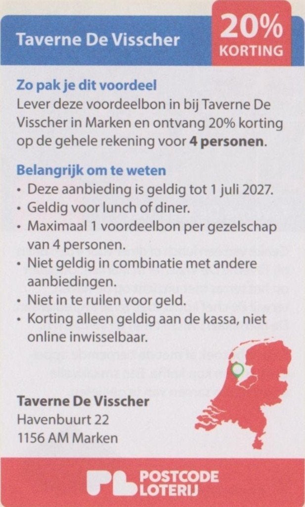 Taverne De Visscher. Lunch en diner. Marken. 20% korting., Tickets en Kaartjes, Kortingen en Cadeaubonnen, Drie personen of meer
