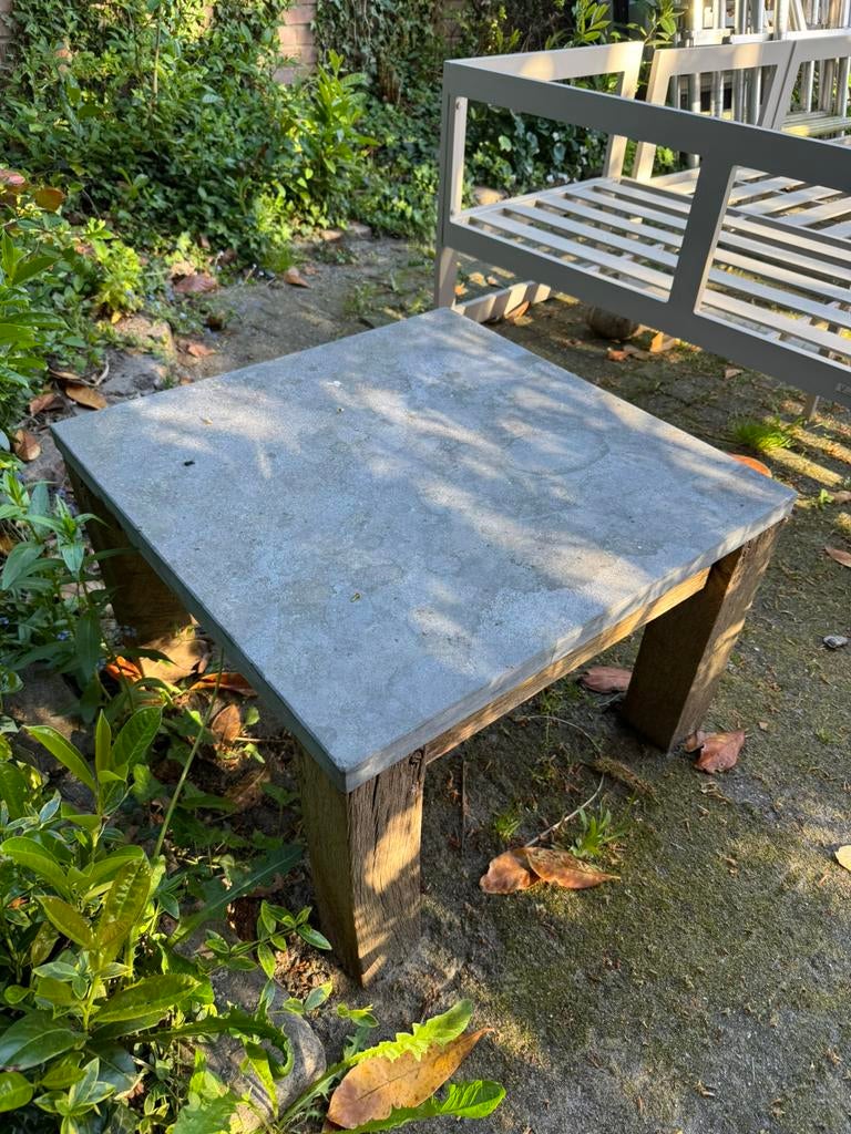 Eikenhouten buitentafel met natuursteen blad 60x60 cm, Tuin en Terras, Tuintafels, Ophalen, Zo goed als nieuw, Rechthoekig, Overige materialen