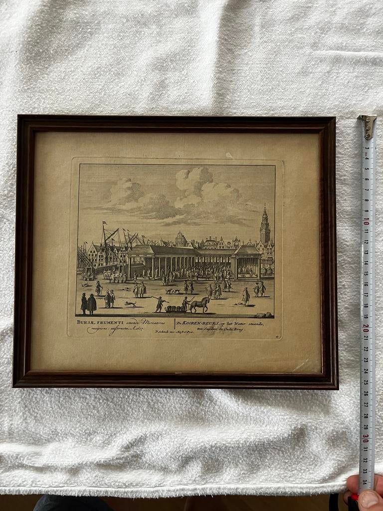 Antieke Gravure: Beurs van Amsterdam, 18e Eeuw, Antiek en Kunst, Kunst | Etsen en Gravures, Ingelijst, Stadsgezicht, Ophalen of Verzenden