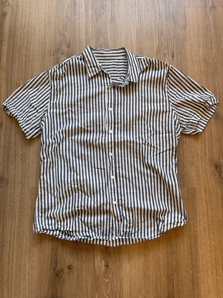 Merkloos overhemd, korte mouw blauw-wit, Ophalen of Verzenden, Zo goed als nieuw, Blauw, Halswijdte 39/40 (M)