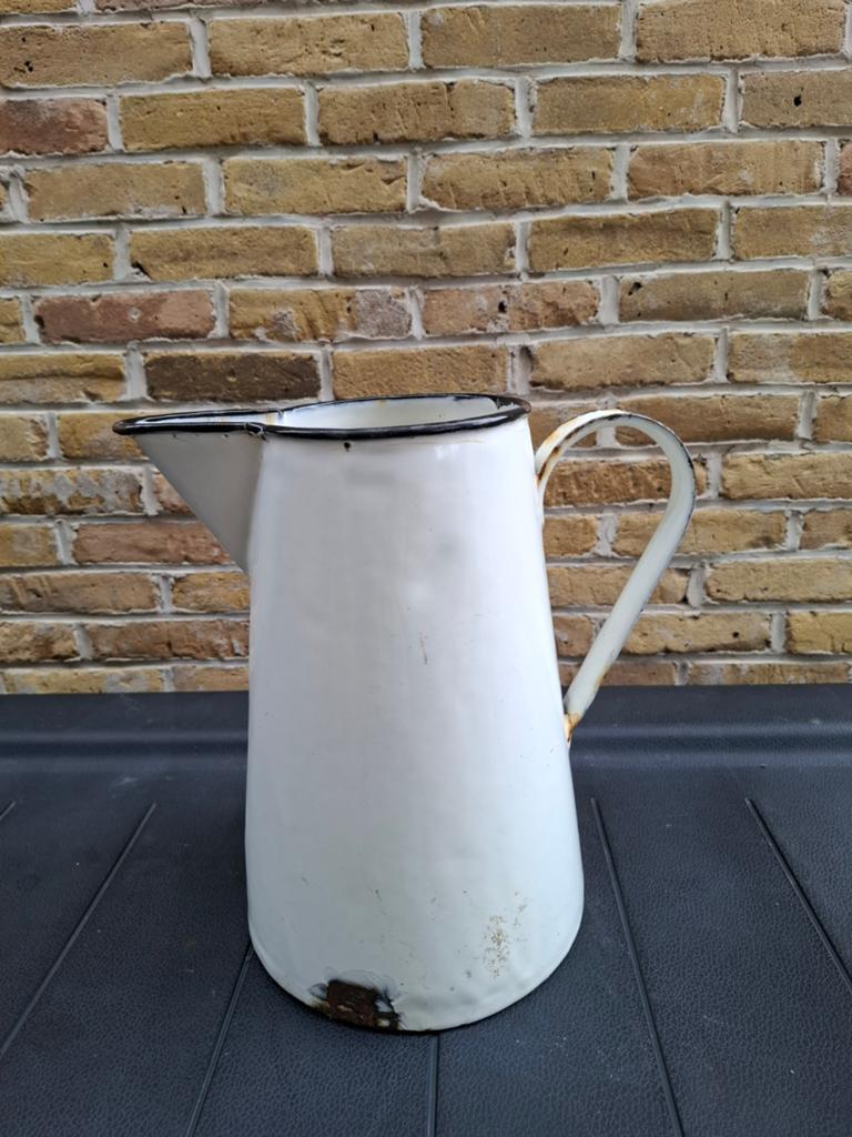 Vintage geëmailleerde kan wit met blauwe rand, Antiek en Kunst, Antiek | Emaille, Ophalen of Verzenden