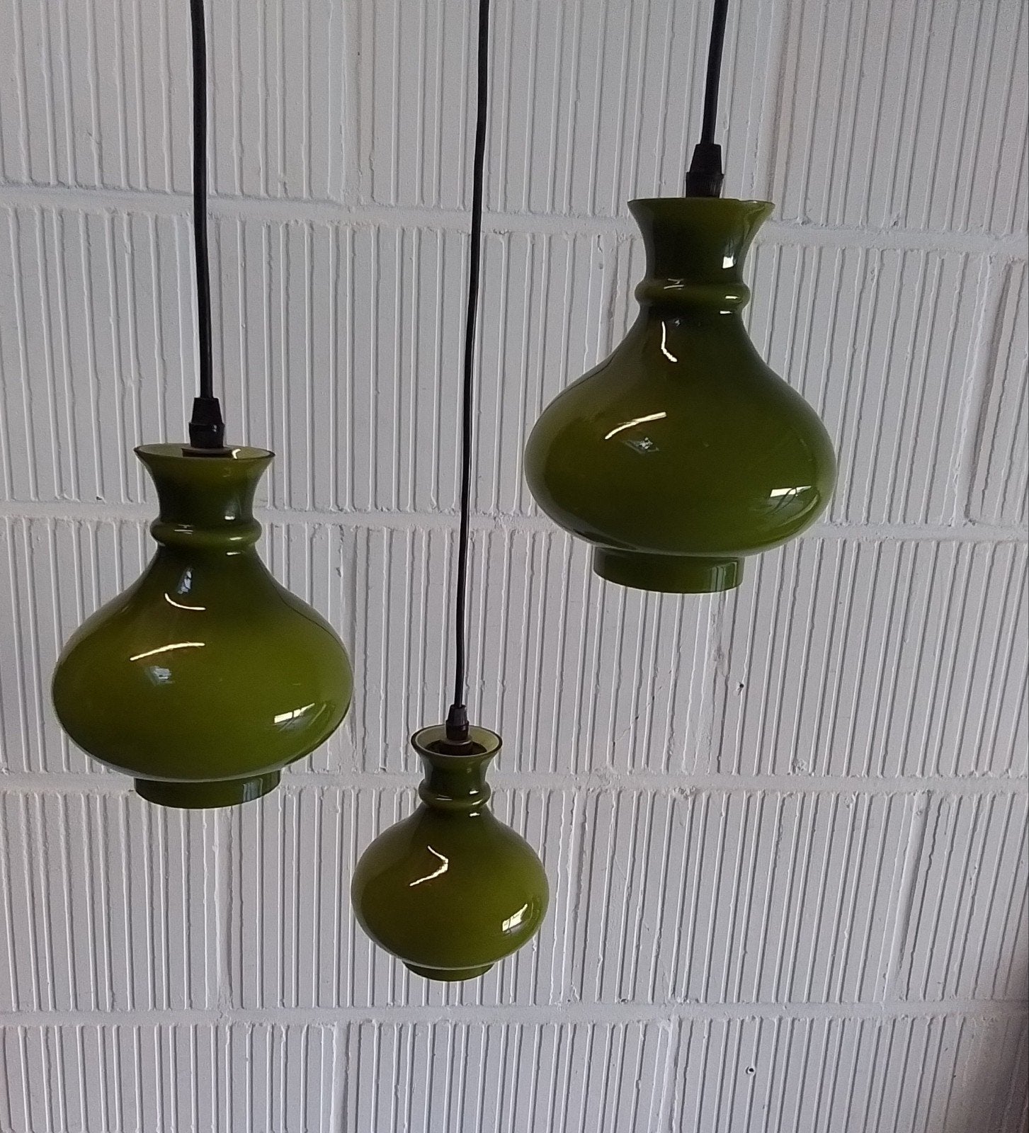 vintage set van drie groenen opaline peill putzler hanglamp, Gebruikt, Vintage, Jaren '70, Retro, E14 (klein), Ophalen of Verzenden