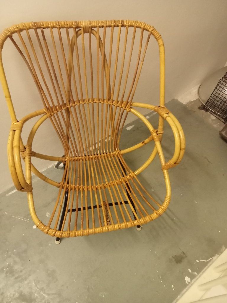 Vintage rotan stoeltje, Huis en Inrichting, Stoelen, Ophalen, Gebruikt, Bruin, Metaal