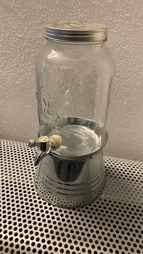 Grote Glazen drankdispenser met metalen standaard, Glas, Ophalen of Verzenden, Zo goed als nieuw, Met deksel