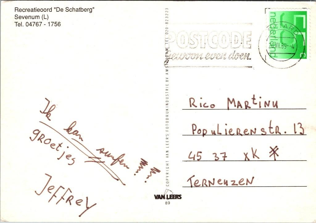 Recreatieoord De Schatberg Sevenum - 2 ansichtkaarten (1989), Verzenden, 1980 tot heden, Gelopen, Limburg