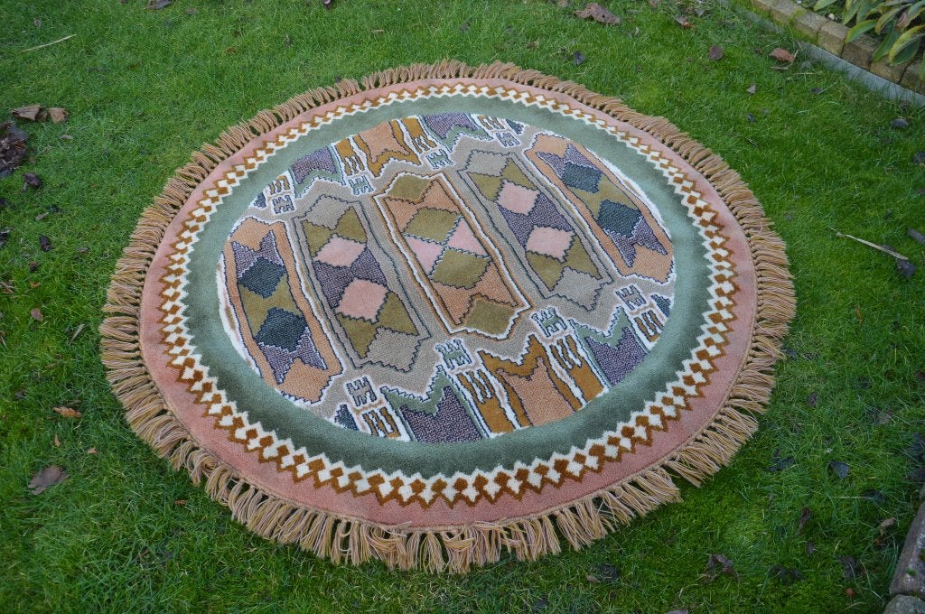 vintage smyrna vloerkleed / tafelkleed met franjes 100 % wol, Gebruikt, Rond, Ophalen of Verzenden, Smyrna