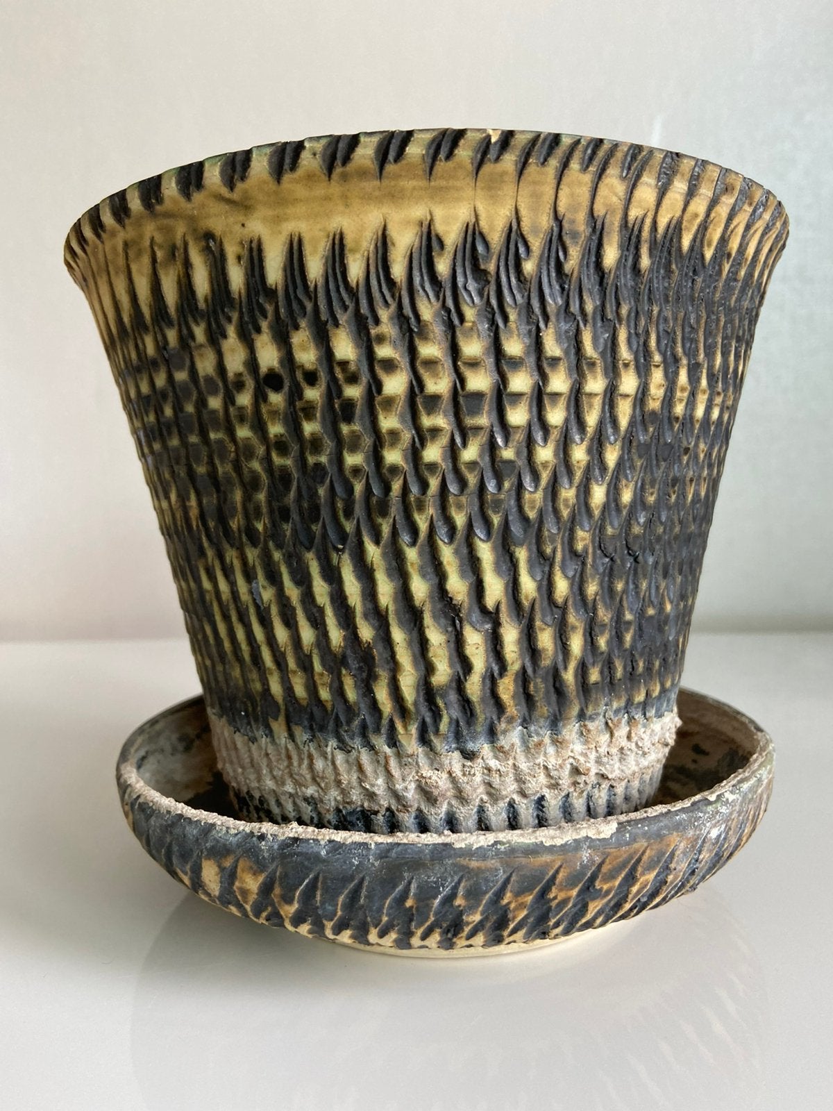 Vintage Berkenbast Sgrafitto Hertshoorn Hangbloempot 60’s, Ophalen of Verzenden