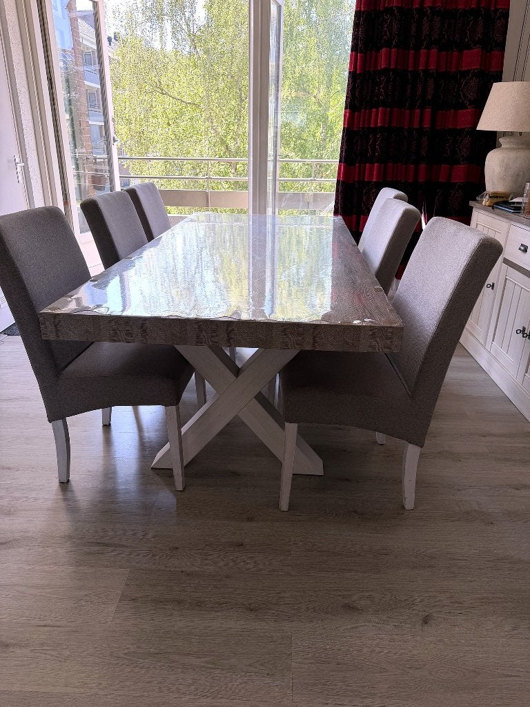 Eettafel met 6 gestoffeerde stoelen, Huis en Inrichting, Tafels | Eettafels, Ophalen, Overige materialen, 200 cm of meer, 50 tot 100 cm