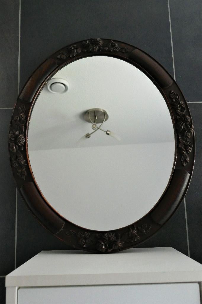Mahonie spiegel, ovaal, antiek, Antiek en Kunst, Ophalen, Ovaal, Minder dan 50 cm, Minder dan 100 cm