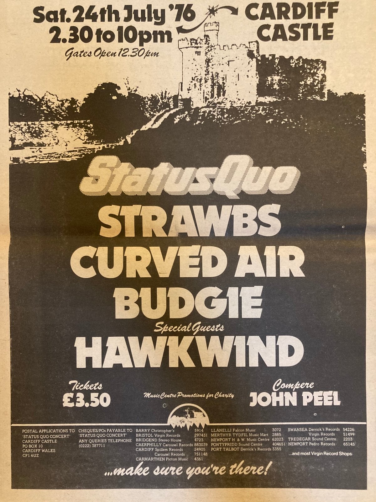 STATUS QUO Curved Air BUDGIE Strawbs HAWKWIND A3 advertentie, Ophalen of Verzenden, Gebruikt, 12 inch, Poprock