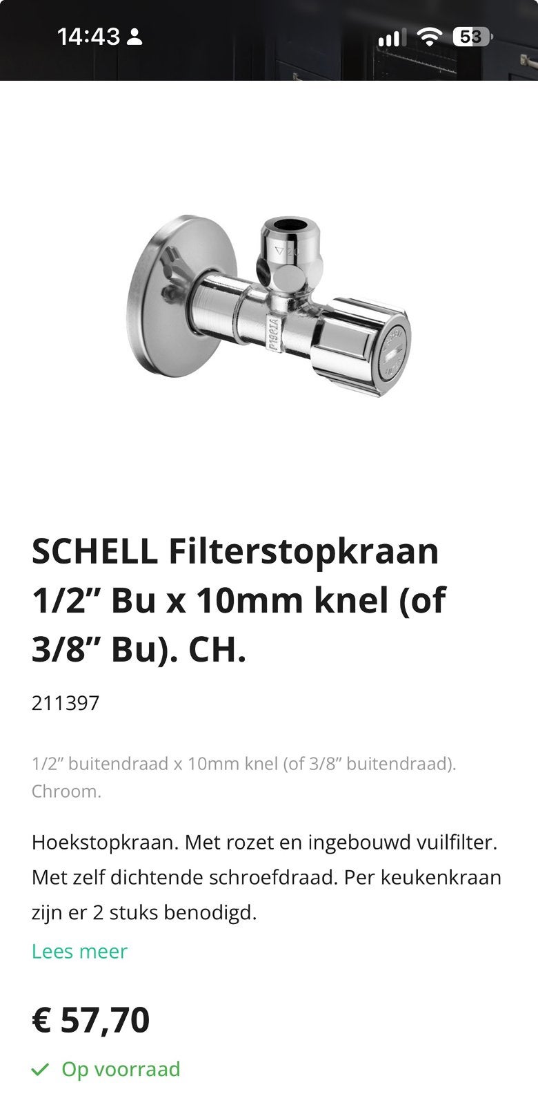 Filter hoekstop kraan zonder rozet, Ophalen of Verzenden, Zo goed als nieuw, Kraan