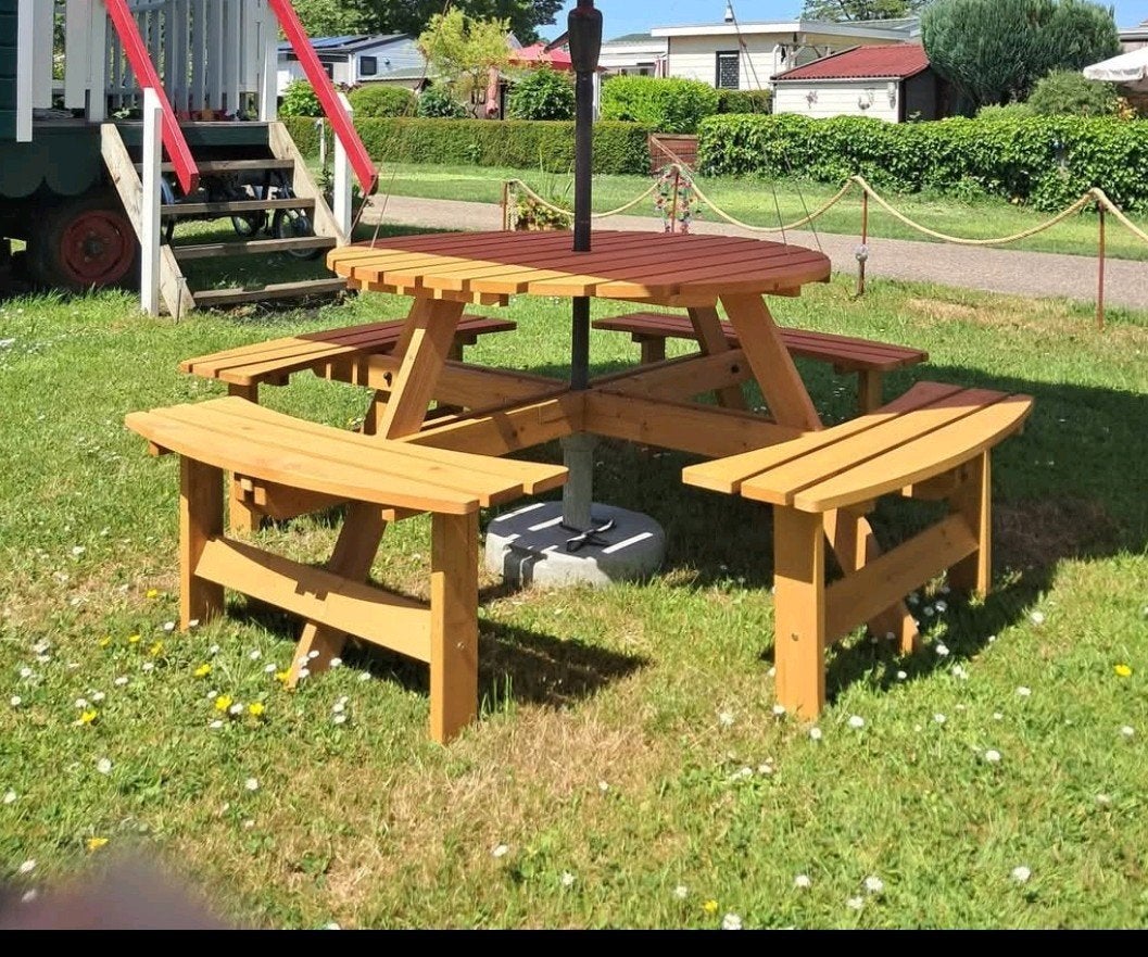 Nieuwe Picknicktafel te koop nieuwprijs € 224.99  nu €175!!, Tuin en Terras, Picknicktafels, Ophalen, Nieuw, Rond, Hout