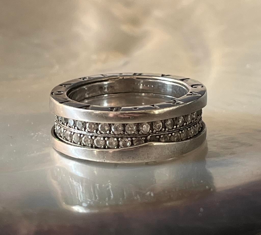 Zilveren ring, draaibaar met steentjes, gemerkt met Bvlgari, Ophalen of Verzenden, Zilver, Ring