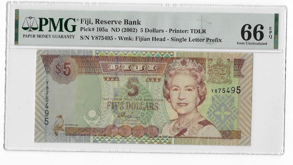 Fiji Islands 5 Dollars 2002 Unc PMG 66 EPQ, Ophalen of Verzenden, Los biljet
