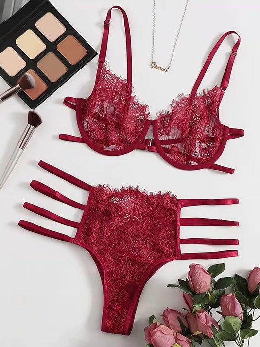 Doorzichtige rode bh & slipje setje kanten lingerie S M L XL, Verzenden, Rood, Setje