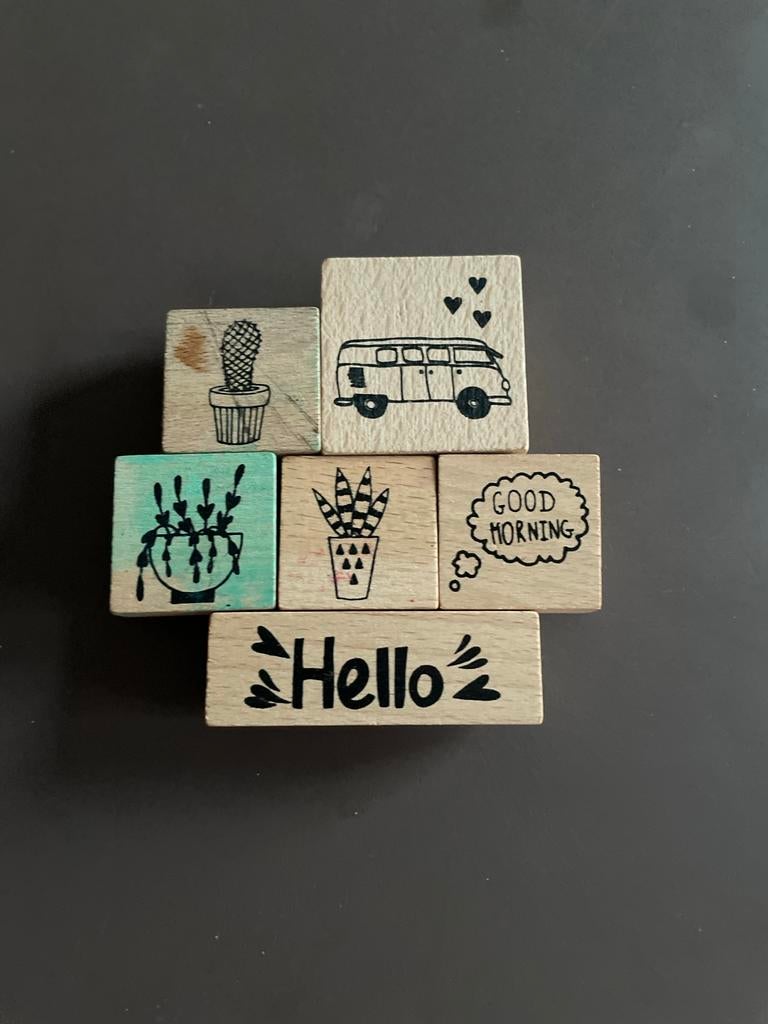 Setje houten stempels (6 stuks), Hobby en Vrije tijd, Stempelen, Ophalen of Verzenden, Gebruikt, Houten stempel