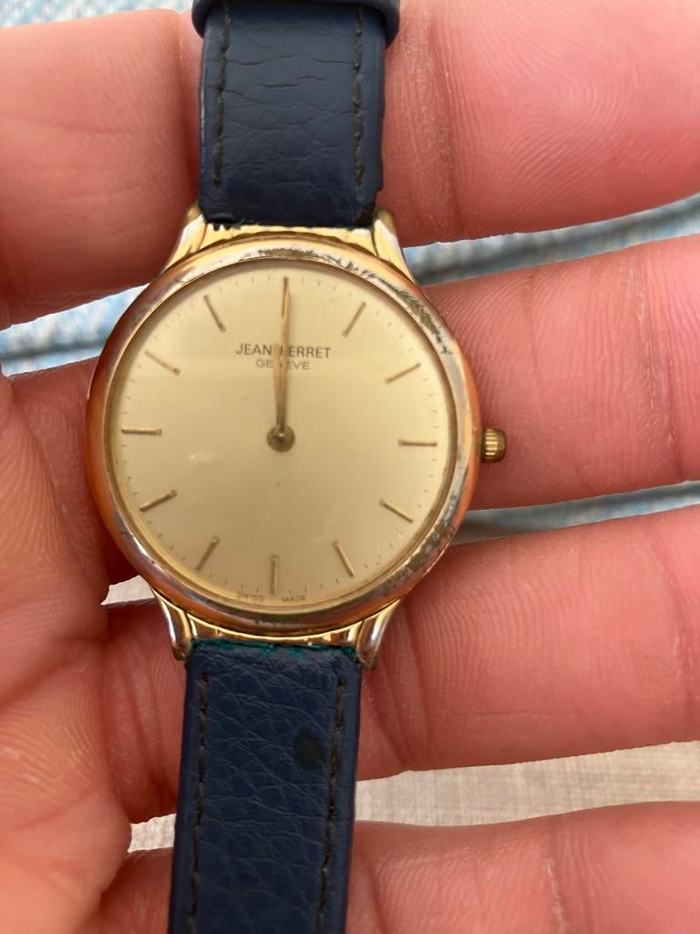 Jean Perret Sapphire Crystal Horloge - Blauw Leer, Sieraden, Tassen en Uiterlijk, Horloges | Dames, Gebruikt, Polshorloge, Overige merken