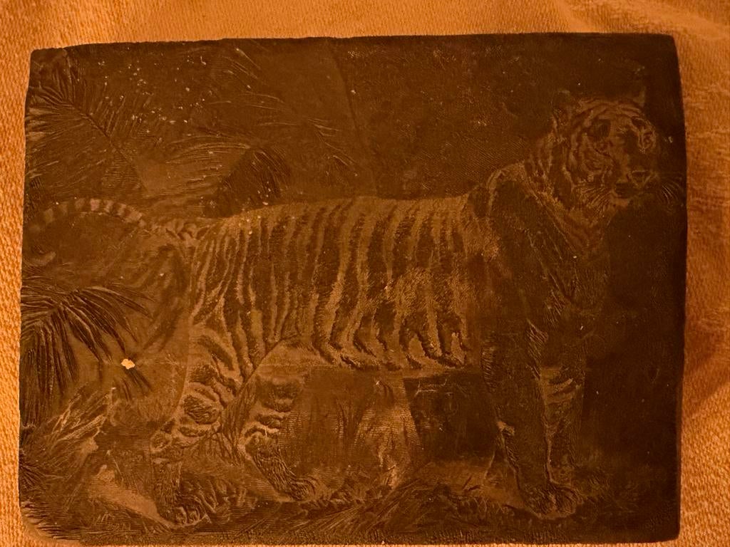 Antieke houten tijger stempel met inkt pads en potjes, Ophalen of Verzenden