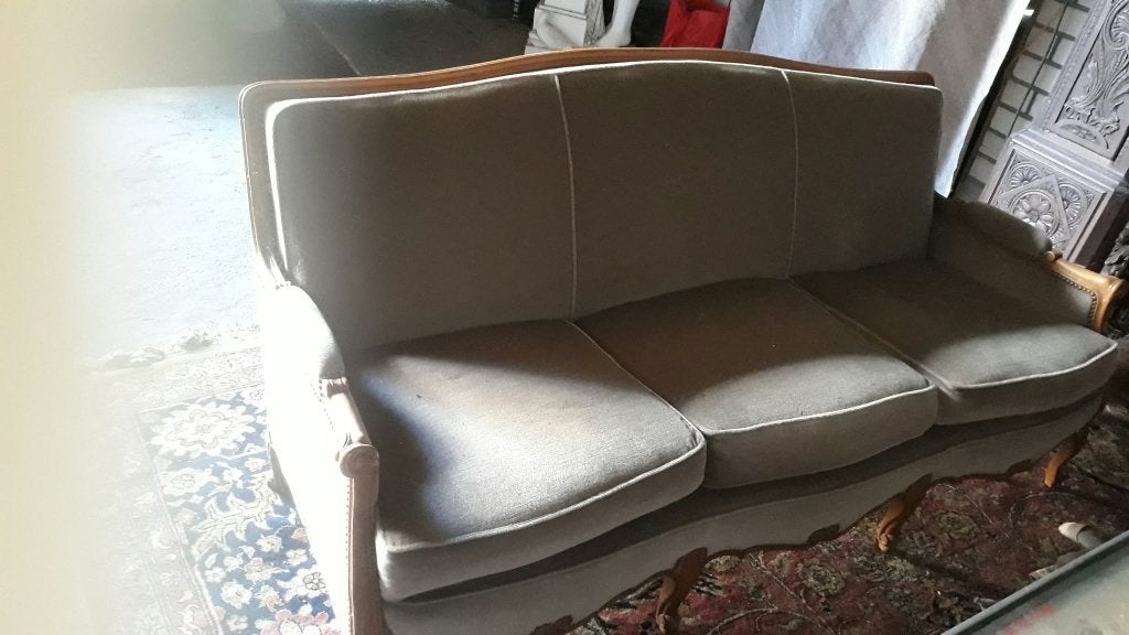 vintage retro queen anna bankje Beige Velours 3 zits, Antiek en Kunst, Ophalen