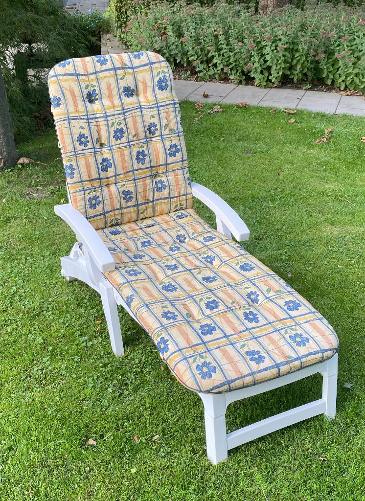 tuin ligstoel met kussen, Tuin en Terras, Ligbedden, Ophalen, Zo goed als nieuw, Kunststof, Inklapbaar