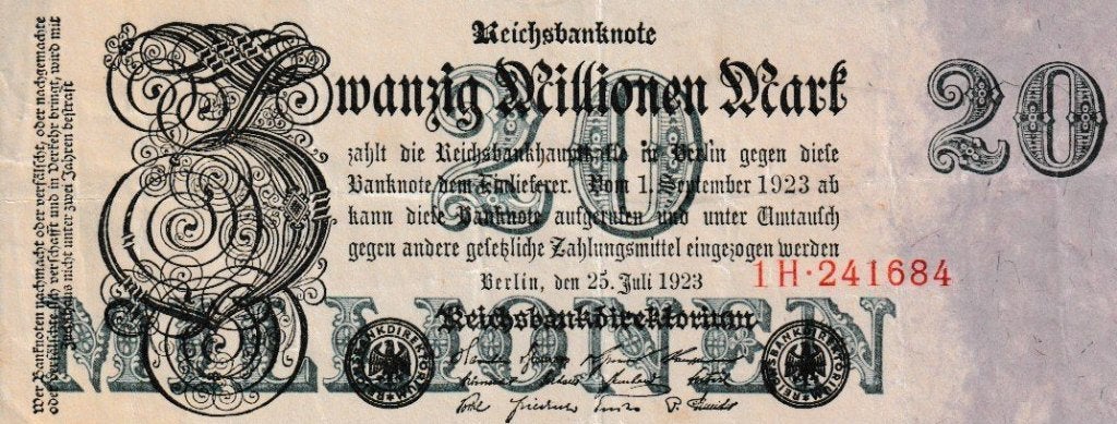 WEIMARREPUBLIEK-REICHSBANKNOTE-25-07-1923-20.000.000 MARK, Ophalen of Verzenden, Duitsland, Los biljet