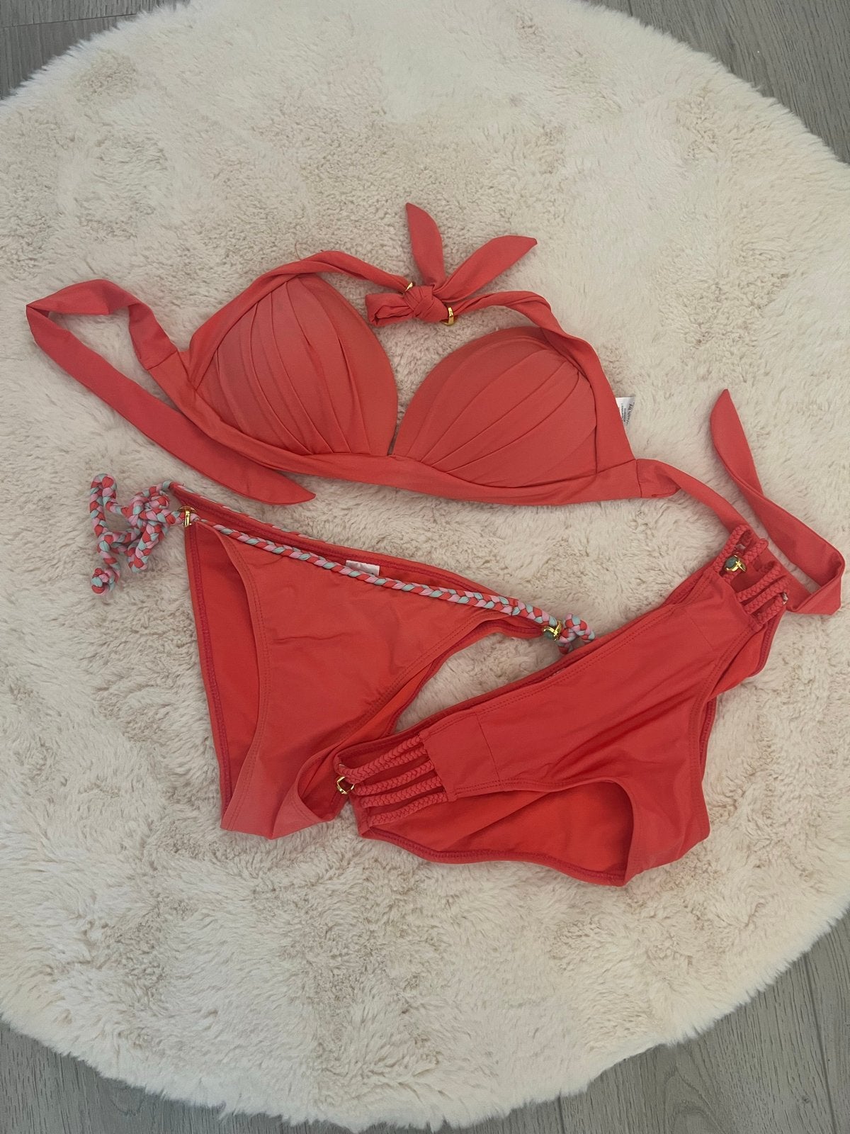 Boho bikini coral  met 2 broekjes XS/S – luxe push-u, Ophalen of Verzenden, Zo goed als nieuw, Oranje, Bikini