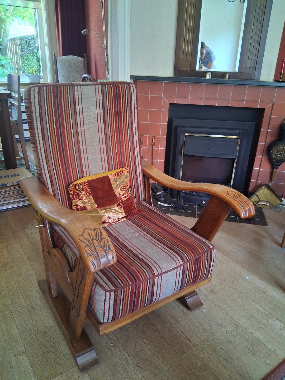 Vintage Schommelstoel met Gestreepte Bekleding, Antiek en Kunst, Antiek | Meubels | Stoelen en Banken, Ophalen