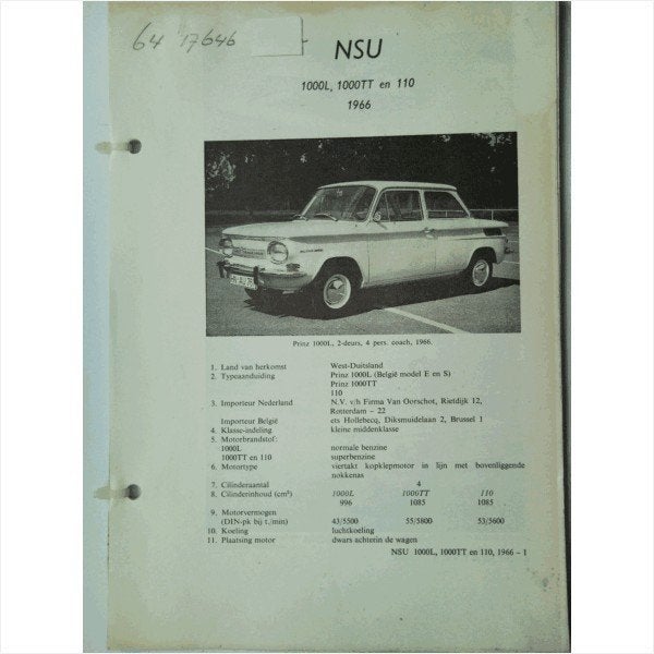 NSU 1000L 1000TT 110 Vraagbaak losbladig 1966 #3 Nederlands, Ophalen of Verzenden, Gelezen, Overige merken